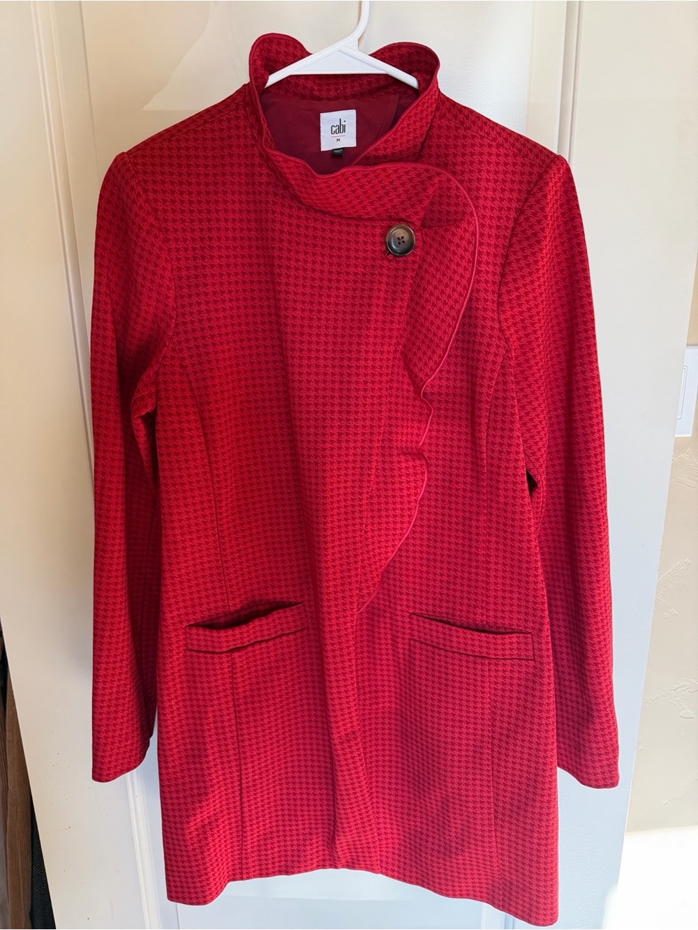 Cabi Red Houndstooth Asymmetrical Jacket Size M